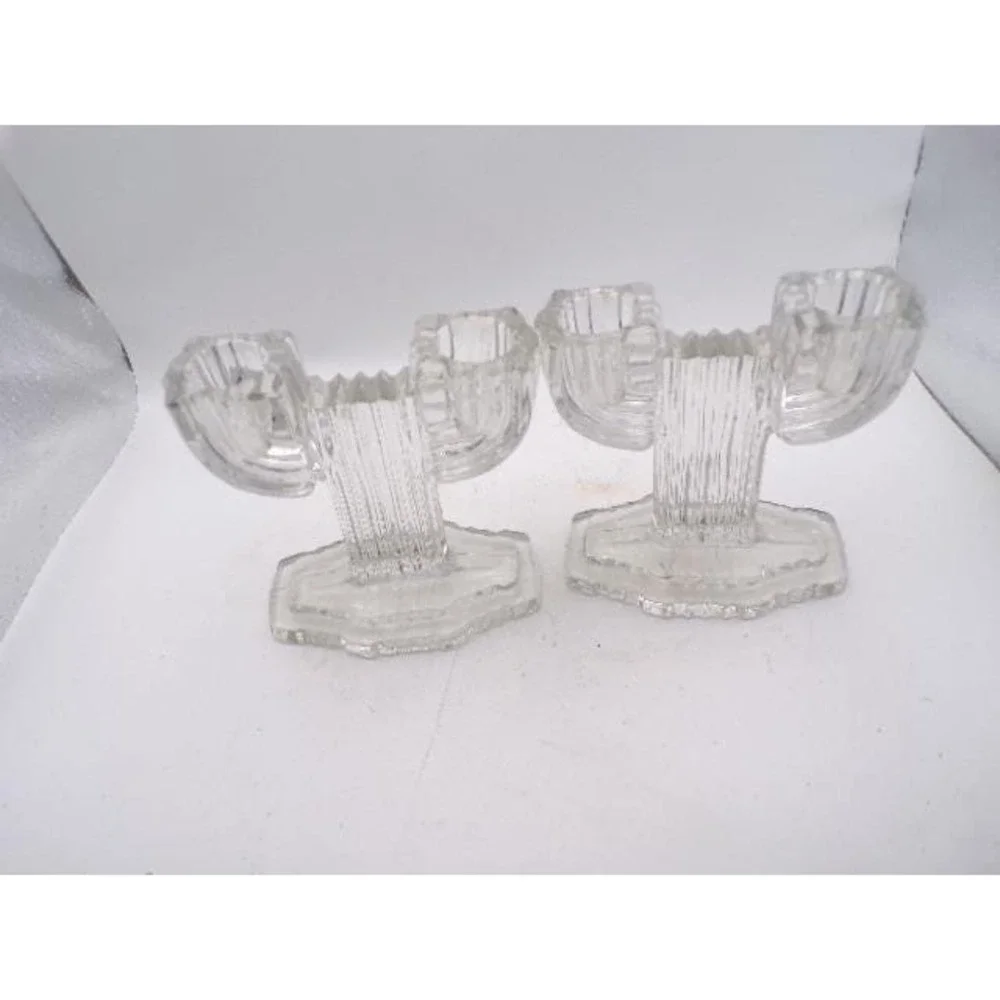 Set of 2 Clear‎ Glass Art Deco Votive Candle Holders Vintage Decor Cactus